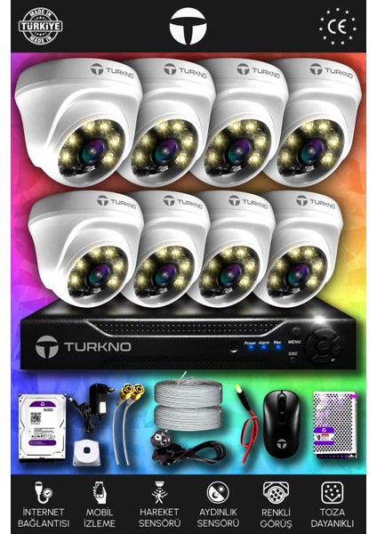 8 Kameralı Domie 8 Iç Kamera Set 500 GB HDD Full Hd Renkli Gece Görüşlü Güvenlik Kamerası Sistemi