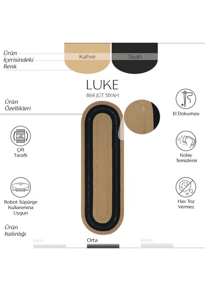 Luke 864 Siyah Oval Yolluk Uzun Antre Hol Koridor Halısı Hasır Dokulu Dekoratif Jüt Banyo Paspası fiyatları