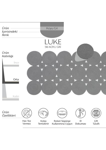 Luke 516 Koyu Gri Yolluk Uzun Halı Antre Hol Koridor Halısı Hasır Dokulu Dekoratif Jüt Banyo Paspası