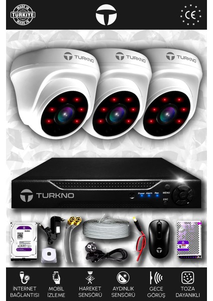 3 Kameralı Domia 3 Iç Kamera Set 250 GB HDD Full Hd Gece Görüşlü Güvenlik Kamerası Sistemi