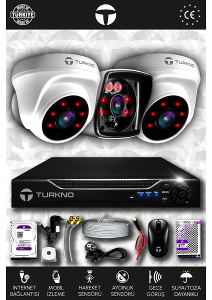 3 Kameralı Karia 2 Iç Kamera Set 250 GB HDD Full Hd Gece Görüşlü Güvenlik Kamerası Sistemi