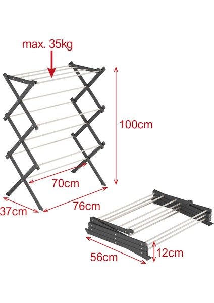 Portadry Taşınabilir Yer Tasarruflu Pratik ve Dayanıklı Metal Akordiyon Çamaşır Askısı-70 cm Siyah