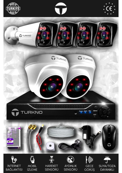 6 Kameralı Karia 2 Iç Kamera Set Hdd'siz Full Hd Gece Görüşlü Güvenlik Kamerası Sistemi