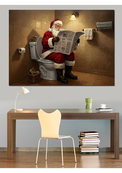 Tuvalette Gazete Okuyan Noel Baba Dekoratif Kanvas - Mdf Ahşap Tablo