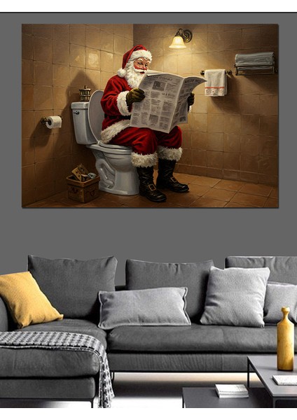 Tuvalette Gazete Okuyan Noel Baba Dekoratif Kanvas - Mdf Ahşap Tablo