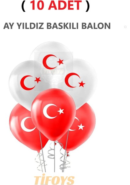 ( 10 Adet ) Ay Yıldız Baskılı Lateks Balon Kırmızı Beyaz