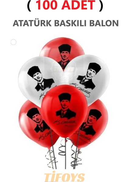 ( 100 Adet ) Atatürk Baskılı Lateks Balon Kırmızı Beyaz