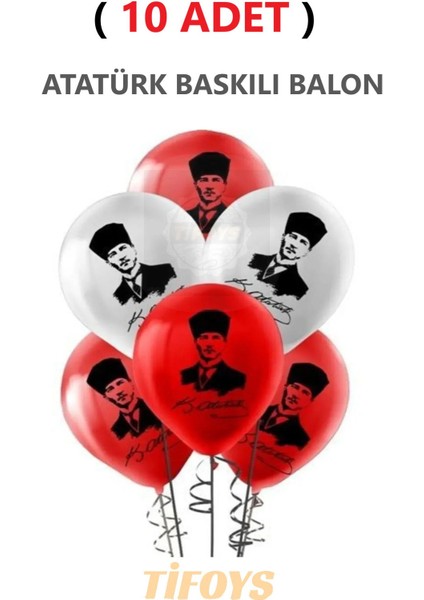 ( 10 Adet ) Atatürk Baskılı Lateks Balon Kırmızı Beyaz