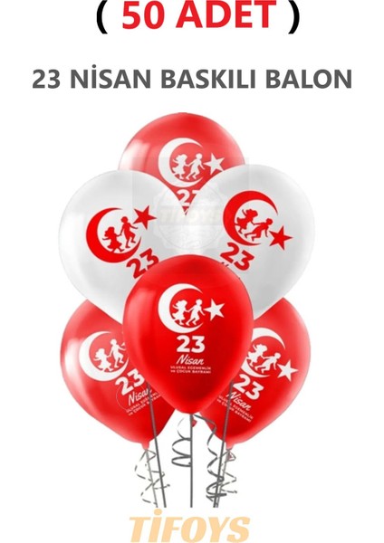 ( 50 Adet ) 23 Nisan Baskılı Lateks Balon Kırmızı Beyaz