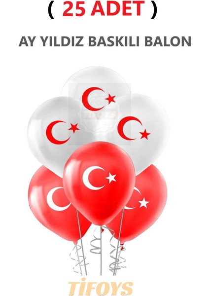 ( 25 Adet ) Ay Yıldız Baskılı Lateks Balon Kırmızı Beyaz