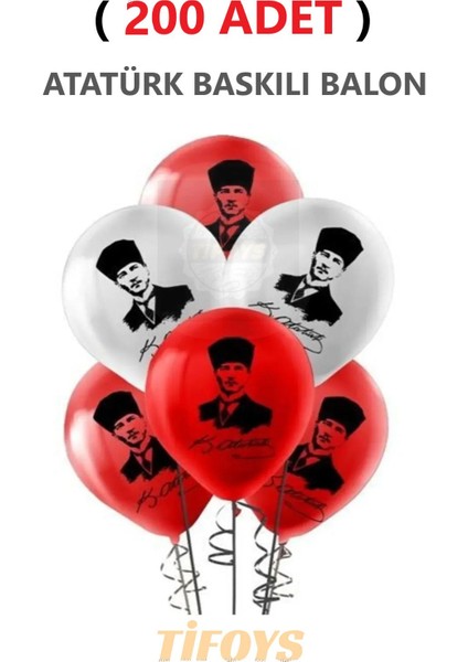 ( 200 Adet ) Atatürk Baskılı Lateks Balon Kırmızı Beyaz