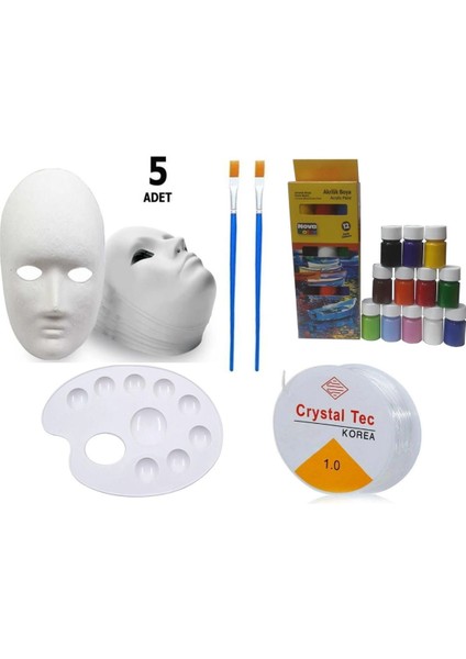 5 Adet Karton Maske , Akrilik Boya , Resim Fırçası, Resim Paleti , Lastikli Misina , Eğitici Boyama