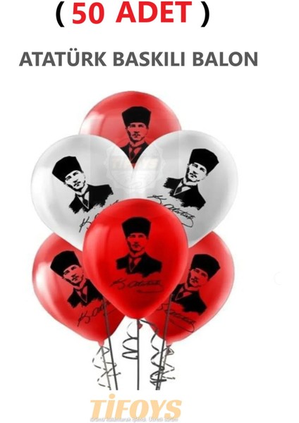 ( 50 Adet ) Atatürkbaskılı Lateks Balon Kırmızı Beyaz