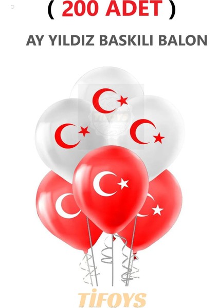 ( 200 Adet ) Ay Yıldız Baskılı Lateks Balon Kırmızı Beyaz