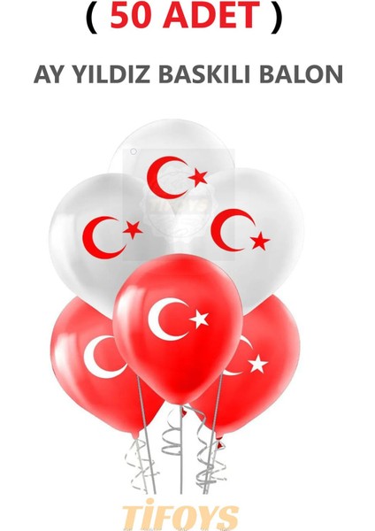 ( 50 Adet ) Ay Yıldız Baskılı Lateks Balon Kırmızı Beyaz