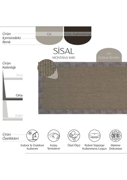 Montana M40 Gri Yolluk Uzun Antre Hol Koridor Halısı Yatak Odası Halısı Hasır Doku Sisal Halı Yolluk