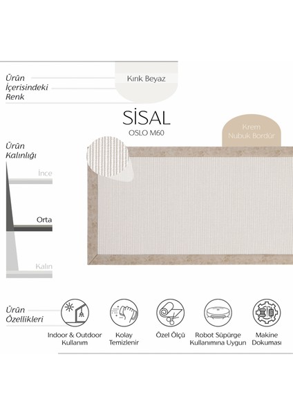 Oslo M60 Beyaz Yolluk Uzun Antre Hol Koridor Halısı Yatak Odası Halısı Hasır Doku Sisal Halı Yolluk
