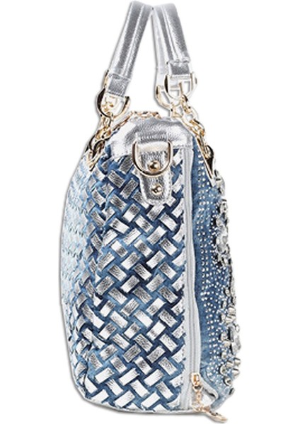 Kadın Denim Çanta Taşlı Çiçekli Omuz Çantası Satchel Gümüş Çantalar (Yurt Dışından) modelleri