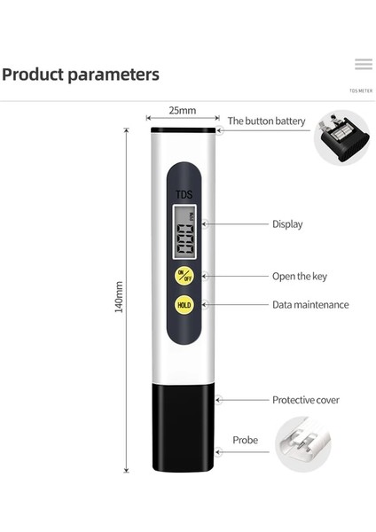 Beyaz 3V Tds Metre Dijital Su Test Cihazı 0-9990PPM Içme Suyu Kalitesi Analizörü Monitör Filtresi Akvaryum Topraksız Havuzlar (Yurt Dışından)