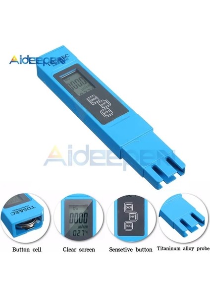 Mavi Tds Ec Metre Tds-3 Sıcaklık Test Cihazı Kalem 3 In1 Fonksiyonlu Iletkenlik Su Kalitesi Ölçüm Aracı Tdsec Test Cihazı 0-9990PPM (Yurt Dışından)