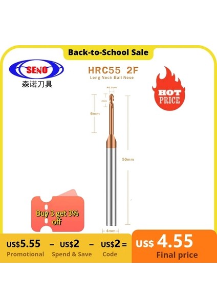 R1.0X12X4X50MM HRC55 2f Seno HRC55 Karbür Uzun Boyunlu Bilyalı Uçlu Frezeler Cnc Sabit Oluk Kesici Freze Kesiciler Yönlendirici Bit Bıçak R0.15 R1 Parmak Frezeler (Yurt Dışından)