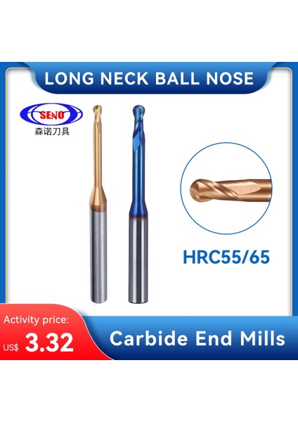 R1.0X12X4X50MM HRC55 2f Seno HRC55 Karbür Uzun Boyunlu Bilyalı Uçlu Frezeler Cnc Sabit Oluk Kesici Freze Kesiciler Yönlendirici Bit Bıçak R0.15 R1 Parmak Frezeler (Yurt Dışından) fiyatları