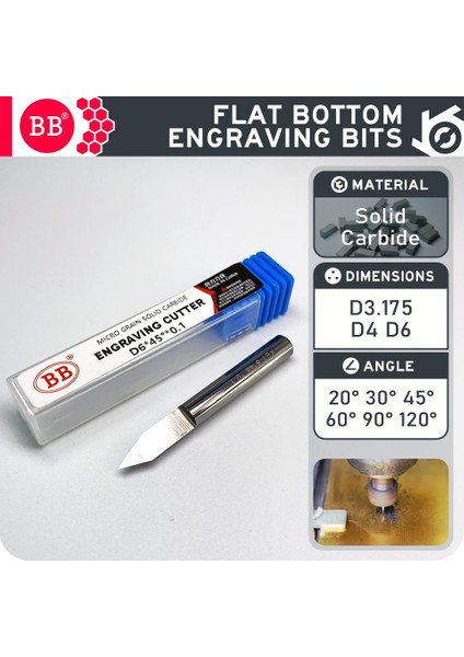 D 3.175MM,0.1MM 60 Derece Bb Düz Tabanlı Gravür Uçları Cnc Oyma Tungsten Karbür Yönlendirici Pcb Ahşap Akrilik Plastik 3D Freze Kesici 3.175 4 6 20 Derece (Yurt Dışından)