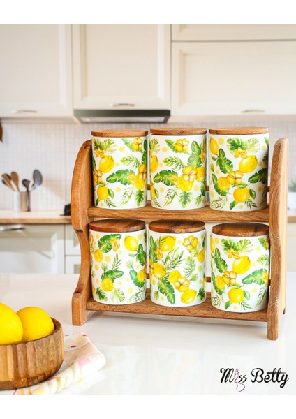 Citrus Ahşap Standlı 6'lı Porselen Baharatlık