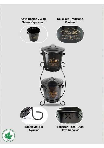 Iki Katlı Konik Metal Patates Soğan Kovası, Saklama Kabı, Organizer, Sebzelik (Delicious Traditions Baskılı) LN1019