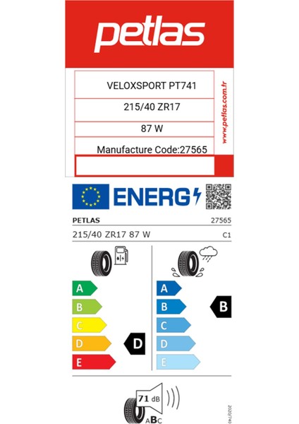 215/40 R17 Tl 87W Reınf. Velox Sport PT741 Oto Yaz Lastiği (Üretim Yılı:2025) fiyatları