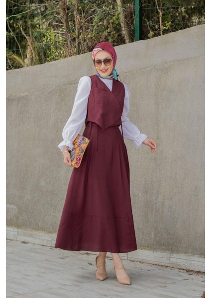 Mins Anvelop Kapamalı Yelek Etek Takım-Bordo