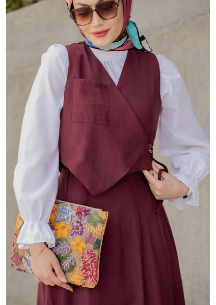 Mins Anvelop Kapamalı Yelek Etek Takım-Bordo fiyatları