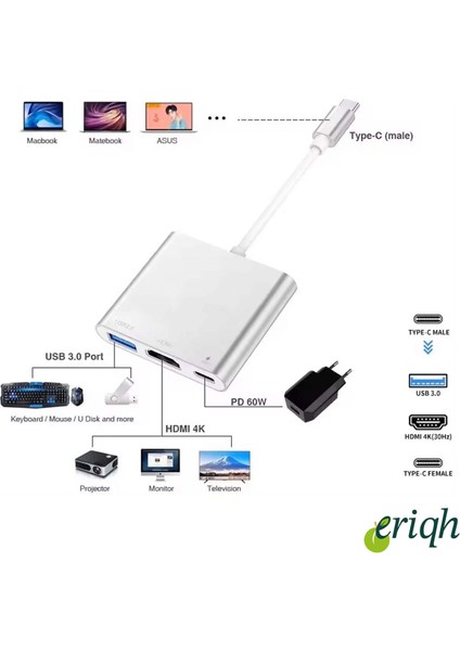 Usb-C Çoklayıcı | HDMI 4K + USB 3.0 + Type-C Pd | 3'ü 1 Arada Dönüştürücü Adaptör