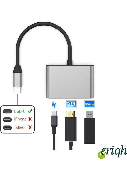 Usb-C Çoklayıcı | HDMI 4K + USB 3.0 + Type-C Pd | 3'ü 1 Arada Dönüştürücü Adaptör