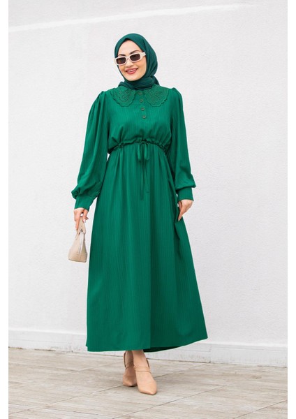 Yaka Güpür Dantelli Pamuk Elbise-Bej