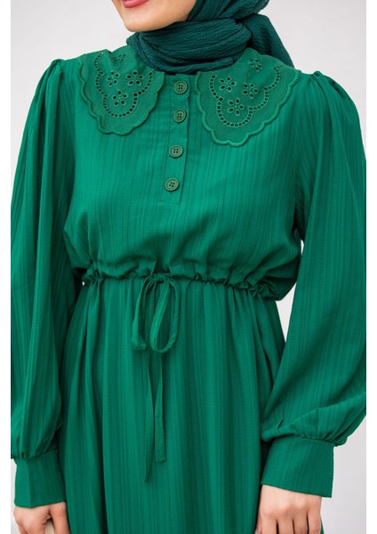 Yaka Güpür Dantelli Pamuk Elbise-Bej fiyatları