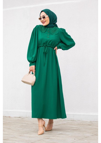 Yaka Güpür Dantelli Pamuk Elbise-Bej fırsatları