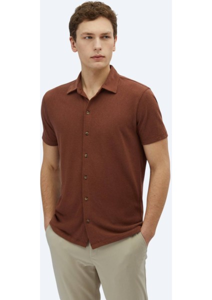 Kahverengi Düz Regular Fit Casual Pamuk Karışımlı Gömlek