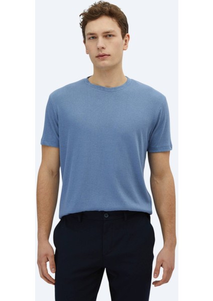 Havacı Mavi Düz Bisiklet Yaka Pamuk Karışımlı T-Shirt