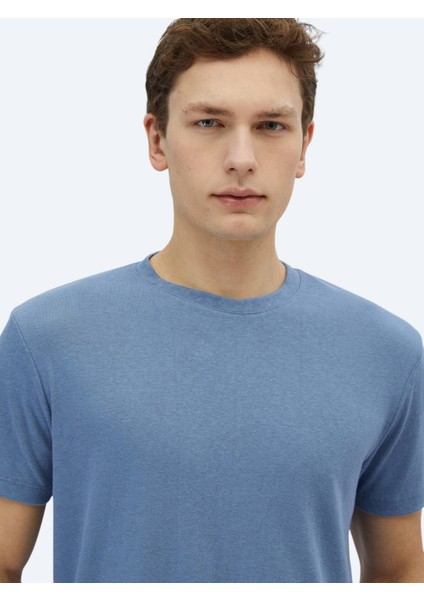 Havacı Mavi Düz Bisiklet Yaka Pamuk Karışımlı T-Shirt