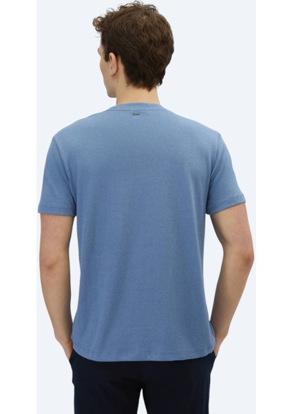 Havacı Mavi Düz Bisiklet Yaka Pamuk Karışımlı T-Shirt