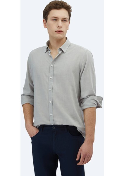 Açık Gri Düz Dokuma Casual %100 Pamuk Gömlek
