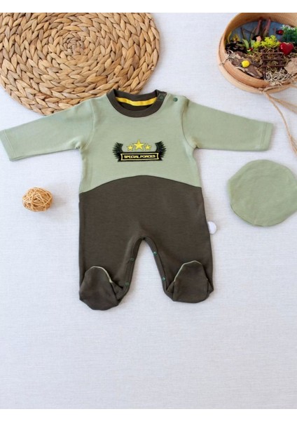 3-6 9-12 12-18 Ay Özel Kuvvetler Nakışlı Bere Şapkalı Kız Erkek Bebek Tulumu Yeşil