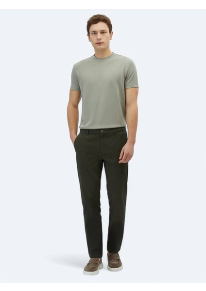 Haki Düz Dokuma Regular Fit Casual Pamuk Karışımlı Pantolon