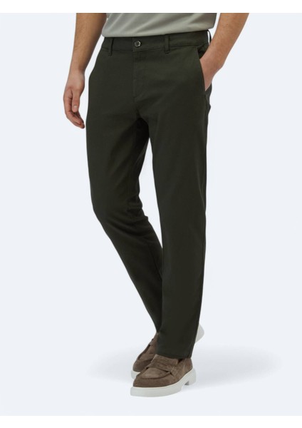 Haki Düz Dokuma Regular Fit Casual Pamuk Karışımlı Pantolon