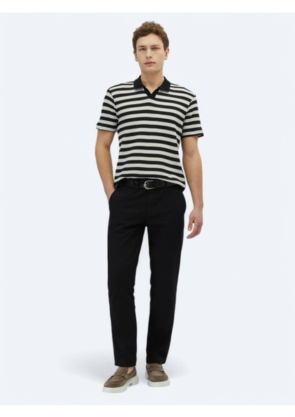 Siyah Düz Dokuma Regular Fit Casual Pamuk Karışımlı Pantolon