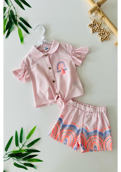 Püskül Detaylı Kız Bebe Şortlu Bağlamalı 2 li takım - Pembe