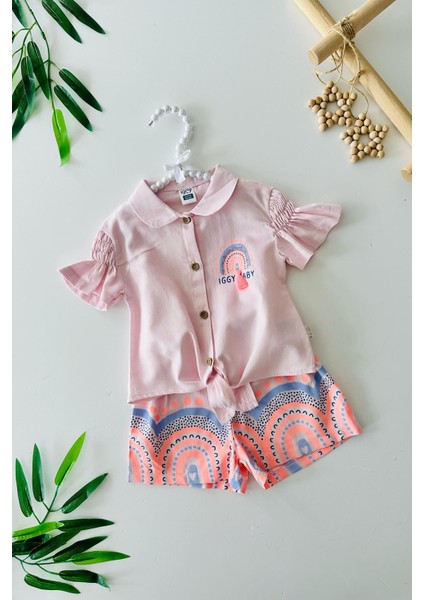 Püskül Detaylı Kız Bebe Şortlu Bağlamalı 2 li takım - Pembe