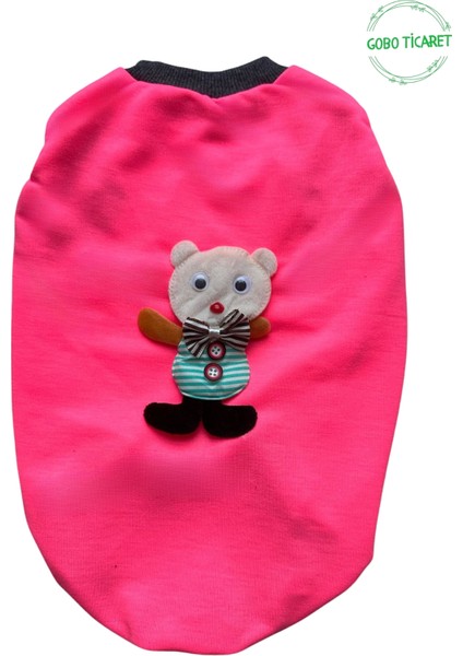 Ayıcık Aksesuarlı Fosforlu Pembe Kedi Köpek Kıyafeti Elbisesi