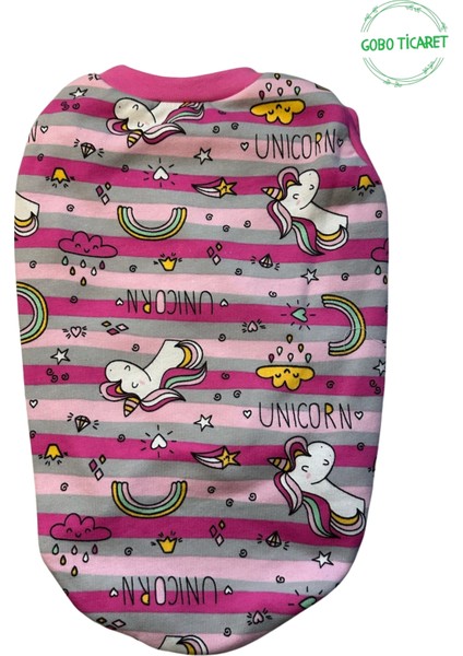 Unicorn Desenli Çizgili Pembe Kedi Köpek Kıyafeti Elbisesi